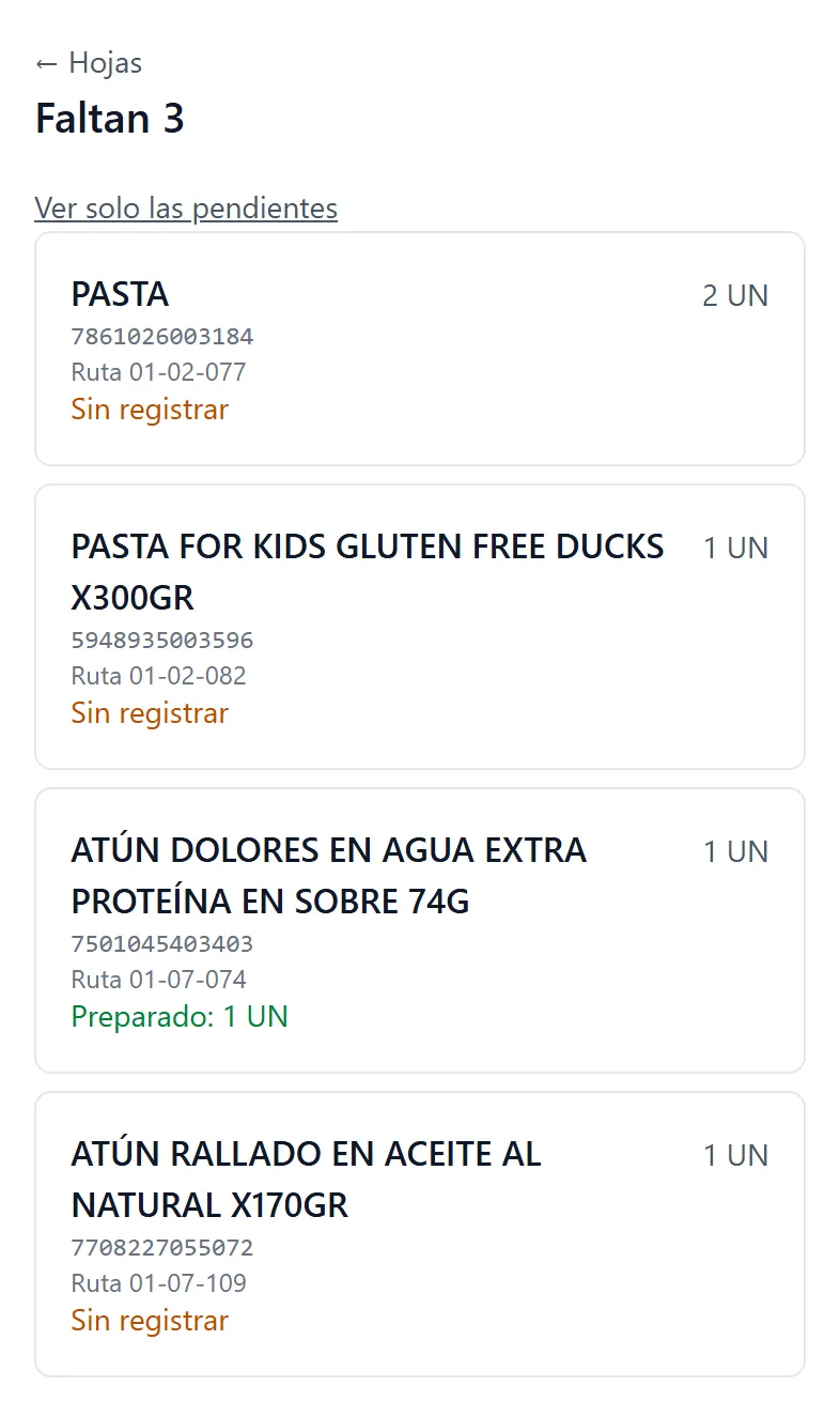 App de alistamiento: la hoja de la sección Despensa en el orden de la ruta, con una línea preparada y tres por registrar