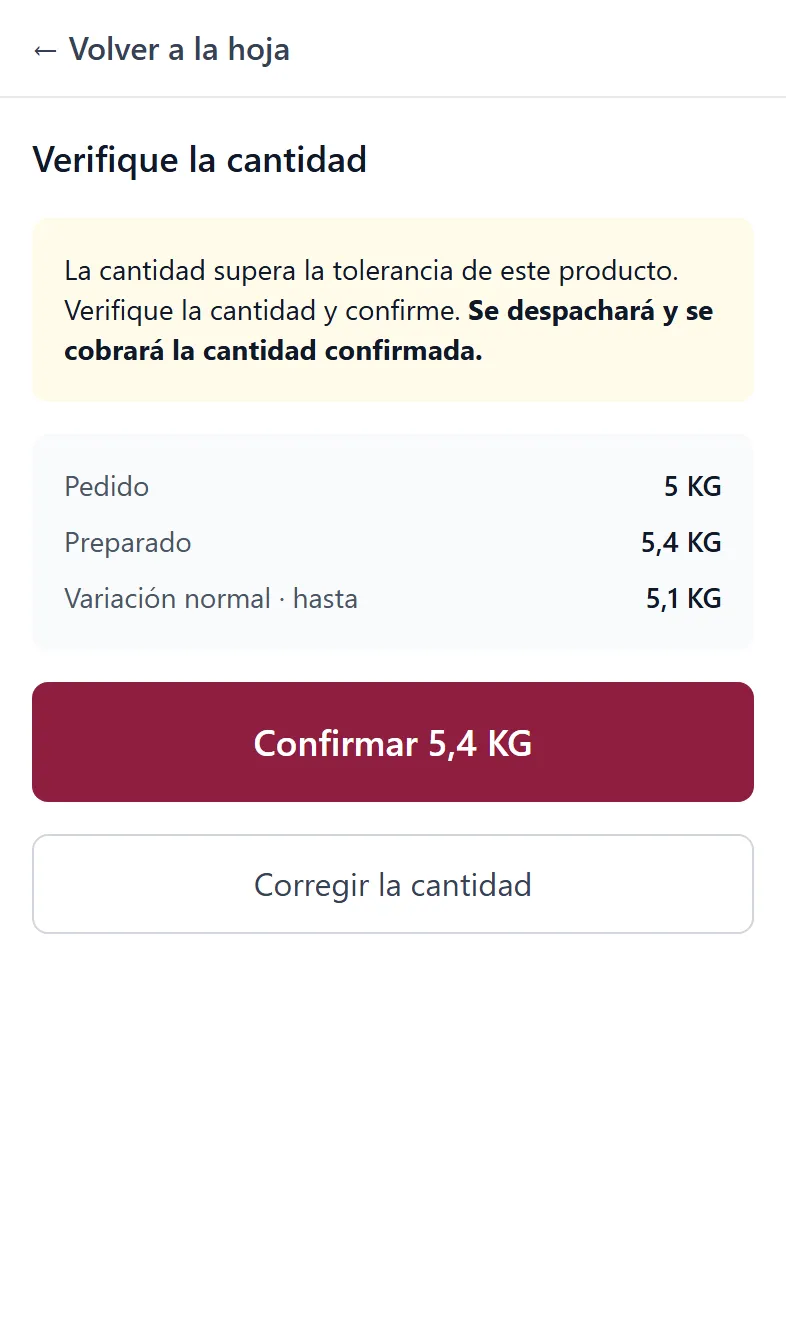 App de alistamiento: verificar la cantidad de papa criolla, con lo pedido, lo preparado y la variación normal del producto