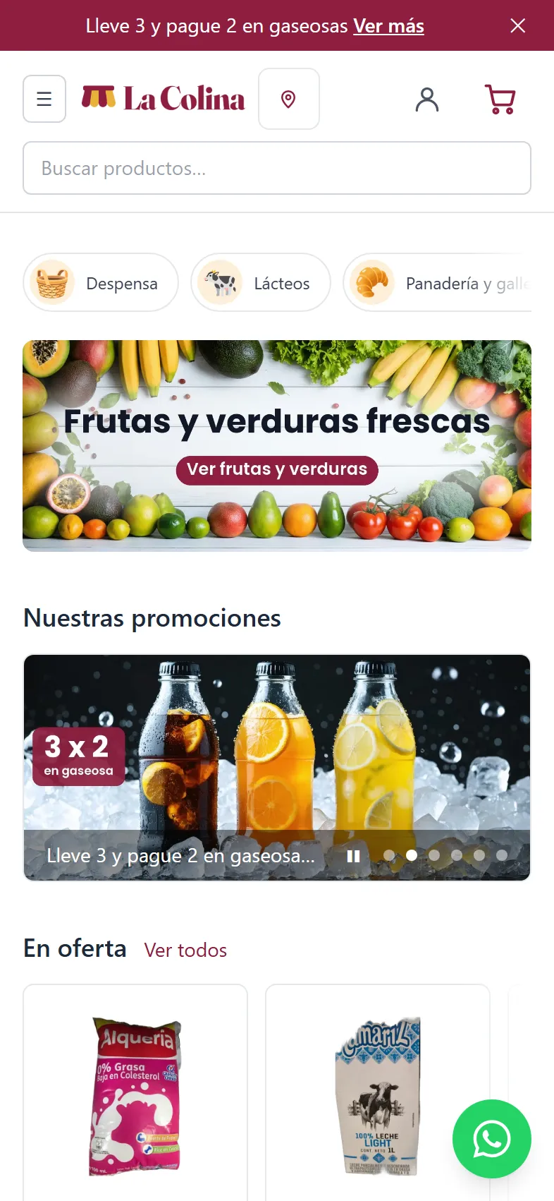 La tienda en línea de la demostración en un celular, con la marca del supermercado, sus categorías y sus promociones